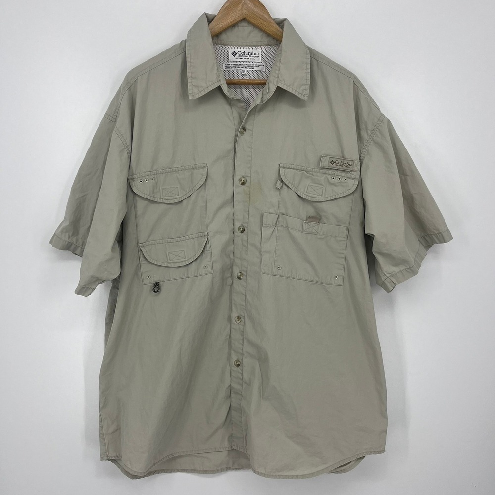 Columbia PFG Mens XL Tan Short Sleeve Button Down Fishing Shirt Cotton Pockets